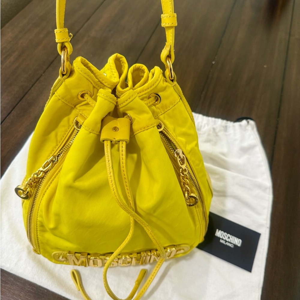 Moschino Yellow Bucket Bag with Gold Logo Hardware